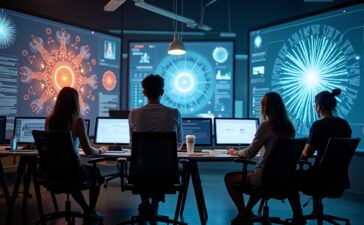 In einem hell erleuchteten, modernen Kreativstudio tauscht ein multikulturelles Team aus Designer:innen und Entwickler:innen inspiriert Ideen aus, umgeben von Bildschirmen mit lebendigen, detailreichen digitalen Entwürfen, die den zukunftsweisenden Einsatz von KI-gestützten Tools in der kreativen Arbeit symbolisieren.