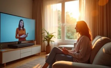 Ein strahlend hell ausgeleuchtetes, modernes Wohnzimmer mit einer entspannten Person, die vor einem großen Bildschirm sitzt und lächelnd mit einem virtuellen KI-Einkaufsassistenten interagiert, während warme Sonnenstrahlen durch ein Fenster fallen und eine freundliche, einladende Atmosphäre schaffen.