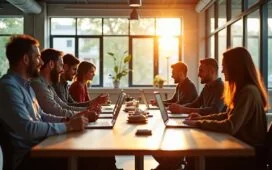 Ein sonnendurchflutetes, modernes Großraumbüro, in dem ein multikulturelles Entwicklerteam entspannt und konzentriert um einen hellen Holztisch sitzt, lebhaft im Austausch vertieft, während auf Laptops und Tablets agile Arbeitspläne und lebendige Dokumentationen sichtbar sind, eingerahmt von großen Fenstern mit warmem Tageslicht und einer angenehmen Atmosphäre von Zusammenarbeit und Innovation.