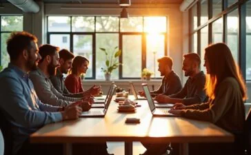 Ein sonnendurchflutetes, modernes Großraumbüro, in dem ein multikulturelles Entwicklerteam entspannt und konzentriert um einen hellen Holztisch sitzt, lebhaft im Austausch vertieft, während auf Laptops und Tablets agile Arbeitspläne und lebendige Dokumentationen sichtbar sind, eingerahmt von großen Fenstern mit warmem Tageslicht und einer angenehmen Atmosphäre von Zusammenarbeit und Innovation.