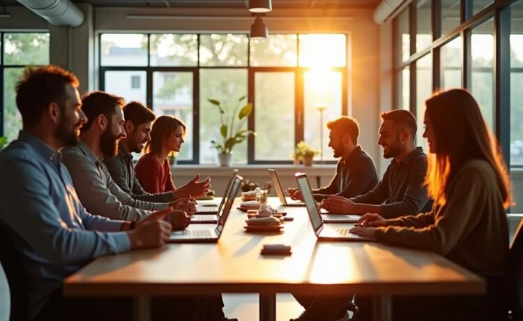 Ein sonnendurchflutetes, modernes Großraumbüro, in dem ein multikulturelles Entwicklerteam entspannt und konzentriert um einen hellen Holztisch sitzt, lebhaft im Austausch vertieft, während auf Laptops und Tablets agile Arbeitspläne und lebendige Dokumentationen sichtbar sind, eingerahmt von großen Fenstern mit warmem Tageslicht und einer angenehmen Atmosphäre von Zusammenarbeit und Innovation.