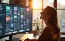 In einem modernen, lichtdurchfluteten Büro lächelt eine kreative Designerin entspannt vor einem großen Bildschirm, auf dem vielfältige UI/UX-Prototypen sichtbar sind, während warme Sonnenstrahlen durch Panoramafenster fallen und eine einladende Atmosphäre voller Inspiration und zukunftsweisender Innovation schaffen.