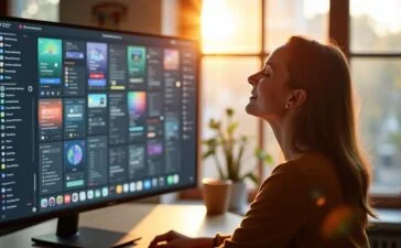 In einem modernen, lichtdurchfluteten Büro lächelt eine kreative Designerin entspannt vor einem großen Bildschirm, auf dem vielfältige UI/UX-Prototypen sichtbar sind, während warme Sonnenstrahlen durch Panoramafenster fallen und eine einladende Atmosphäre voller Inspiration und zukunftsweisender Innovation schaffen.