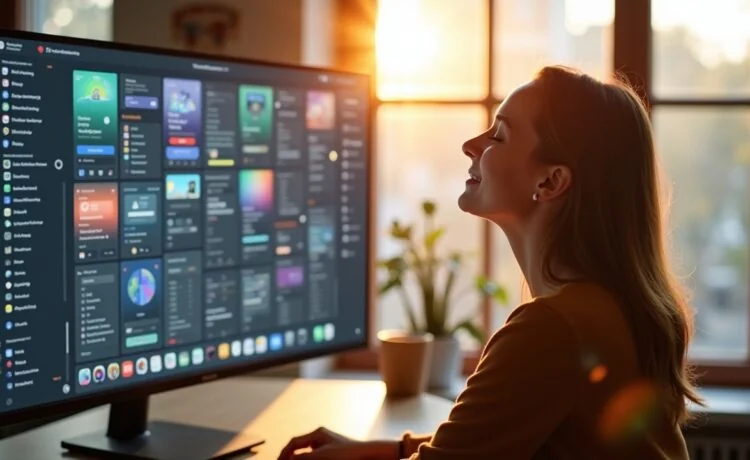 In einem modernen, lichtdurchfluteten Büro lächelt eine kreative Designerin entspannt vor einem großen Bildschirm, auf dem vielfältige UI/UX-Prototypen sichtbar sind, während warme Sonnenstrahlen durch Panoramafenster fallen und eine einladende Atmosphäre voller Inspiration und zukunftsweisender Innovation schaffen.