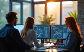 In einem modern eingerichteten, hell erleuchteten Büro sitzen mehrere fokussierte IT-Sicherheitsexperten gemeinsam an Bildschirmen mit komplexen Netzwerkdiagrammen, wobei sanftes Tageslicht durch große Fenster fällt und eine Atmosphäre von Vertrauen, Verantwortung und kritischem Nachdenken erzeugt.