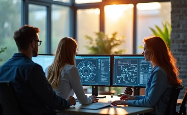 In einem modern eingerichteten, hell erleuchteten Büro sitzen mehrere fokussierte IT-Sicherheitsexperten gemeinsam an Bildschirmen mit komplexen Netzwerkdiagrammen, wobei sanftes Tageslicht durch große Fenster fällt und eine Atmosphäre von Vertrauen, Verantwortung und kritischem Nachdenken erzeugt.