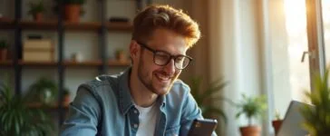 Ein warm beleuchtetes, realistisches Editorial-Foto zeigt einen lächelnden jungen Entwickler, der konzentriert mit sorgsamem Blick auf sein Android-Smartphone schaut, während weiches Tageslicht durch ein Fenster fällt und die moderne Arbeitsumgebung mit Notebook und Pflanzen eine freundliche, vertrauensvolle Atmosphäre schafft – Sinnbild für die versteckte digitale Gefahr und die Hoffnung auf technische Sicherheit.