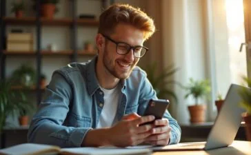 Ein warm beleuchtetes, realistisches Editorial-Foto zeigt einen lächelnden jungen Entwickler, der konzentriert mit sorgsamem Blick auf sein Android-Smartphone schaut, während weiches Tageslicht durch ein Fenster fällt und die moderne Arbeitsumgebung mit Notebook und Pflanzen eine freundliche, vertrauensvolle Atmosphäre schafft – Sinnbild für die versteckte digitale Gefahr und die Hoffnung auf technische Sicherheit.