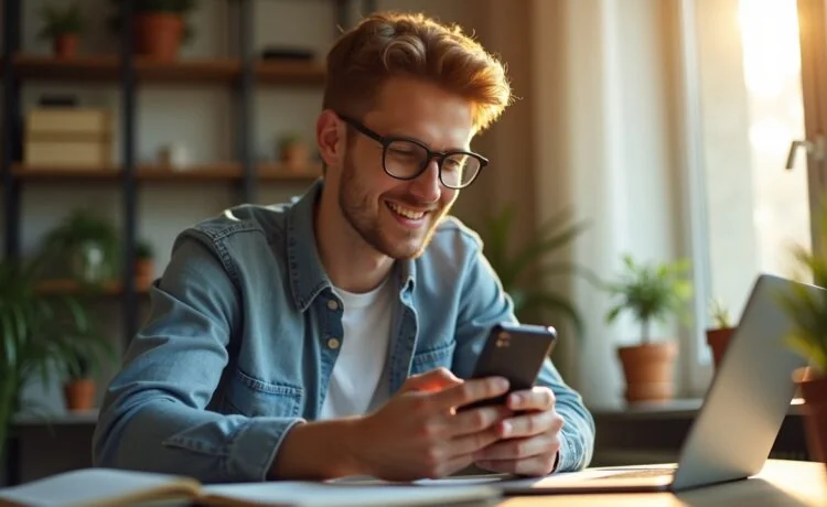 Ein warm beleuchtetes, realistisches Editorial-Foto zeigt einen lächelnden jungen Entwickler, der konzentriert mit sorgsamem Blick auf sein Android-Smartphone schaut, während weiches Tageslicht durch ein Fenster fällt und die moderne Arbeitsumgebung mit Notebook und Pflanzen eine freundliche, vertrauensvolle Atmosphäre schafft – Sinnbild für die versteckte digitale Gefahr und die Hoffnung auf technische Sicherheit.