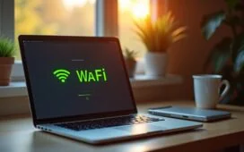 Ein hell erleuchteter, moderner Arbeitsplatz mit offenem Laptop, auf dem eine WLAN-Verbindung stabil angezeigt wird, umgeben von persönlichen Gegenständen wie einer Tasse und Pflanzen, wobei warmes Tageslicht durch ein Fenster fällt und so die ruhige, vertrauensvolle Atmosphäre von digitaler Vernetzung und Sicherheit vermittelt.