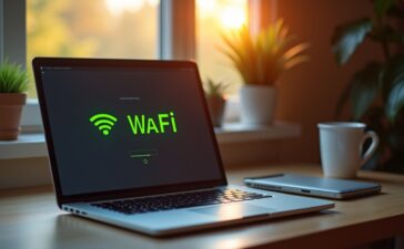 Ein hell erleuchteter, moderner Arbeitsplatz mit offenem Laptop, auf dem eine WLAN-Verbindung stabil angezeigt wird, umgeben von persönlichen Gegenständen wie einer Tasse und Pflanzen, wobei warmes Tageslicht durch ein Fenster fällt und so die ruhige, vertrauensvolle Atmosphäre von digitaler Vernetzung und Sicherheit vermittelt.