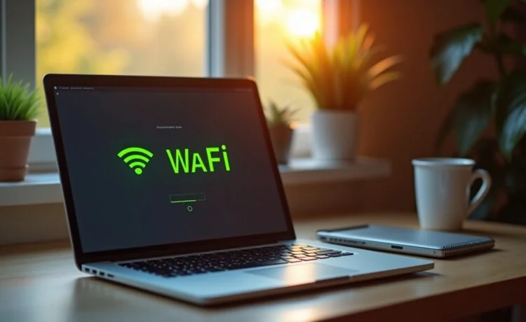 Ein hell erleuchteter, moderner Arbeitsplatz mit offenem Laptop, auf dem eine WLAN-Verbindung stabil angezeigt wird, umgeben von persönlichen Gegenständen wie einer Tasse und Pflanzen, wobei warmes Tageslicht durch ein Fenster fällt und so die ruhige, vertrauensvolle Atmosphäre von digitaler Vernetzung und Sicherheit vermittelt.