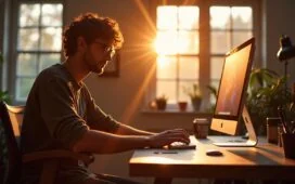 Ein lichtdurchflutetes, modernes Kreativstudio mit einem jungen Designer, der fokussiert an einem hellen Mac-Setup arbeitet, während warme Sonnenstrahlen durch große Fenster fallen und eine Atmosphäre von Inspiration, Innovation und zugänglicher Hightech-Kreativität schaffen.