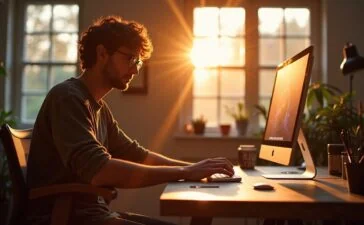 Ein lichtdurchflutetes, modernes Kreativstudio mit einem jungen Designer, der fokussiert an einem hellen Mac-Setup arbeitet, während warme Sonnenstrahlen durch große Fenster fallen und eine Atmosphäre von Inspiration, Innovation und zugänglicher Hightech-Kreativität schaffen.