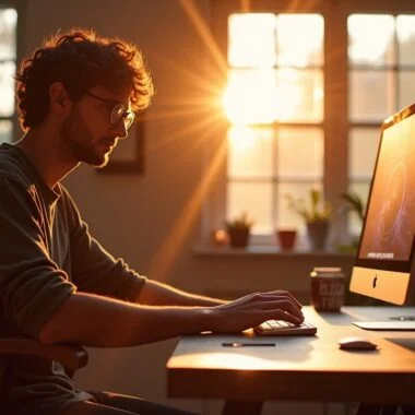 Ein lichtdurchflutetes, modernes Kreativstudio mit einem jungen Designer, der fokussiert an einem hellen Mac-Setup arbeitet, während warme Sonnenstrahlen durch große Fenster fallen und eine Atmosphäre von Inspiration, Innovation und zugänglicher Hightech-Kreativität schaffen.