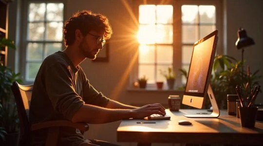 Ein lichtdurchflutetes, modernes Kreativstudio mit einem jungen Designer, der fokussiert an einem hellen Mac-Setup arbeitet, während warme Sonnenstrahlen durch große Fenster fallen und eine Atmosphäre von Inspiration, Innovation und zugänglicher Hightech-Kreativität schaffen.