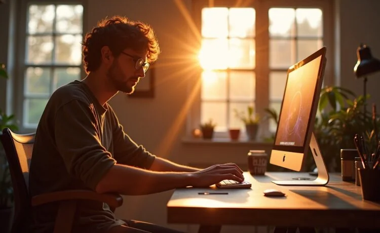 Ein lichtdurchflutetes, modernes Kreativstudio mit einem jungen Designer, der fokussiert an einem hellen Mac-Setup arbeitet, während warme Sonnenstrahlen durch große Fenster fallen und eine Atmosphäre von Inspiration, Innovation und zugänglicher Hightech-Kreativität schaffen.