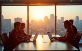 Ein hell erleuchtetes, modernes Büro mit entspannten Entwicklern verschiedener Herkunft, die gemeinsam an Laptops und Tablets arbeiten, im warmen Sonnenlicht eines großen Panoramafensters, das eine urbane europäische Skyline zeigt und so den Aufbruch zu offeneren, vernetzten digitalen Welten symbolisiert.