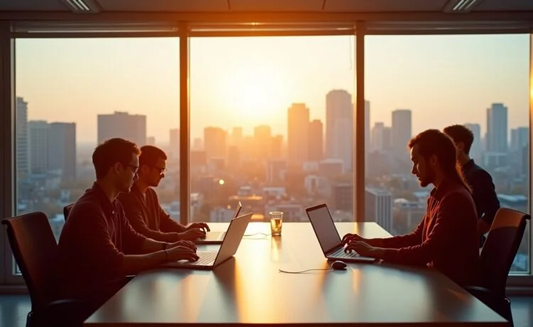 Ein hell erleuchtetes, modernes Büro mit entspannten Entwicklern verschiedener Herkunft, die gemeinsam an Laptops und Tablets arbeiten, im warmen Sonnenlicht eines großen Panoramafensters, das eine urbane europäische Skyline zeigt und so den Aufbruch zu offeneren, vernetzten digitalen Welten symbolisiert.