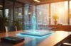 Ein strahlend helles, modern eingerichtetes Büro im warmen Tageslicht mit einem dezenten, futuristischen Hologramm-Avatar, der auf einem eleganten Schreibtisch in Interaktion mit einem Apple-Gerät steht, und dabei eine Atmosphäre von technologischer Innovation und menschlicher Verbundenheit vermittelt.