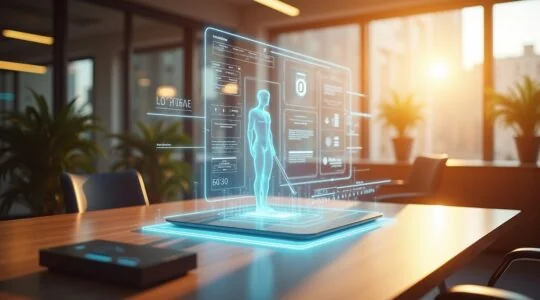 Ein strahlend helles, modern eingerichtetes Büro im warmen Tageslicht mit einem dezenten, futuristischen Hologramm-Avatar, der auf einem eleganten Schreibtisch in Interaktion mit einem Apple-Gerät steht, und dabei eine Atmosphäre von technologischer Innovation und menschlicher Verbundenheit vermittelt.