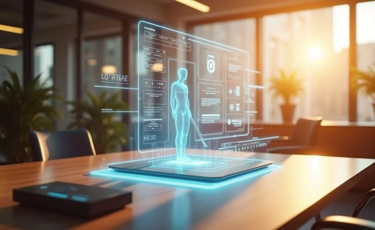 Ein strahlend helles, modern eingerichtetes Büro im warmen Tageslicht mit einem dezenten, futuristischen Hologramm-Avatar, der auf einem eleganten Schreibtisch in Interaktion mit einem Apple-Gerät steht, und dabei eine Atmosphäre von technologischer Innovation und menschlicher Verbundenheit vermittelt.