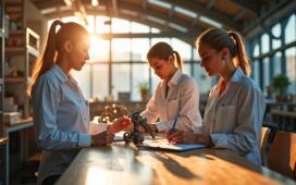 Ein strahlend hell erleuchteter High-Tech-Laborraum mit fokussierten Ingenieur:innen, die an modernen Robotik-Prototypen arbeiten, umgeben von lebendigen Holz- und Metalltönen, natürliches Sonnenlicht fällt sanft durch große Fenster und erzeugt eine warme, einladende Atmosphäre voller Innovation und menschlicher Begeisterung.