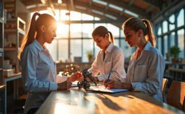 Ein strahlend hell erleuchteter High-Tech-Laborraum mit fokussierten Ingenieur:innen, die an modernen Robotik-Prototypen arbeiten, umgeben von lebendigen Holz- und Metalltönen, natürliches Sonnenlicht fällt sanft durch große Fenster und erzeugt eine warme, einladende Atmosphäre voller Innovation und menschlicher Begeisterung.