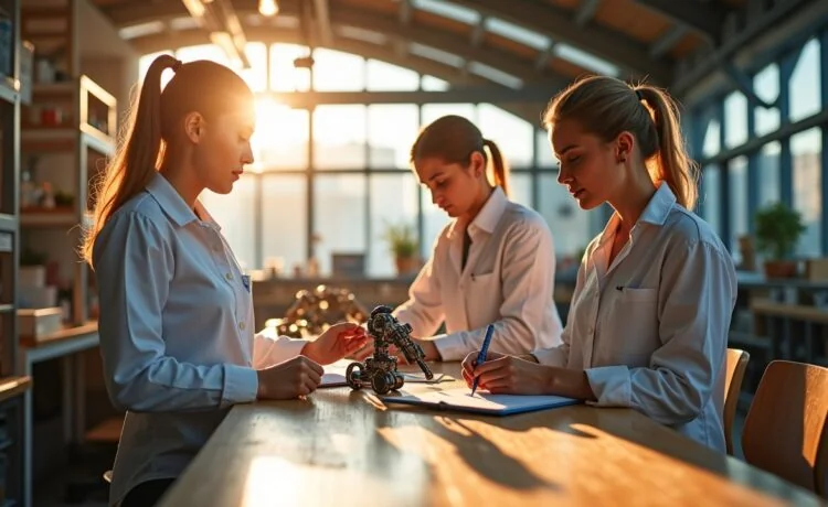 Ein strahlend hell erleuchteter High-Tech-Laborraum mit fokussierten Ingenieur:innen, die an modernen Robotik-Prototypen arbeiten, umgeben von lebendigen Holz- und Metalltönen, natürliches Sonnenlicht fällt sanft durch große Fenster und erzeugt eine warme, einladende Atmosphäre voller Innovation und menschlicher Begeisterung.