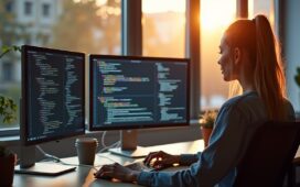 In einem hell erleuchteten, modernen Büro sitzt eine junge Entwicklerin entspannt vor zwei großen Bildschirmen, auf denen komplexe Codes und Diagramme zu sehen sind, während warmes Tageslicht durch große Fenster fällt und eine Atmosphäre von konzentrierter Produktivität und technologischem Fortschritt schafft.