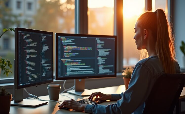 In einem hell erleuchteten, modernen Büro sitzt eine junge Entwicklerin entspannt vor zwei großen Bildschirmen, auf denen komplexe Codes und Diagramme zu sehen sind, während warmes Tageslicht durch große Fenster fällt und eine Atmosphäre von konzentrierter Produktivität und technologischem Fortschritt schafft.