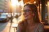 Eine strahlend helle, natürlich beleuchtete Aufnahme einer jungen Frau mit moderner, leichter Smartbrille, die entspannt und warm lächelnd in einem sonnendurchfluteten urbanen Café sitzt, während sanfte Details wie klare Haut, natürliche Reflexionen auf den adaptiven Brillengläsern und eine offene, freundliche Atmosphäre sofort das Gefühl einer innovativen, menschzentrierten Technologie vermitteln.
