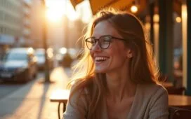 Eine strahlend helle, natürlich beleuchtete Aufnahme einer jungen Frau mit moderner, leichter Smartbrille, die entspannt und warm lächelnd in einem sonnendurchfluteten urbanen Café sitzt, während sanfte Details wie klare Haut, natürliche Reflexionen auf den adaptiven Brillengläsern und eine offene, freundliche Atmosphäre sofort das Gefühl einer innovativen, menschzentrierten Technologie vermitteln.