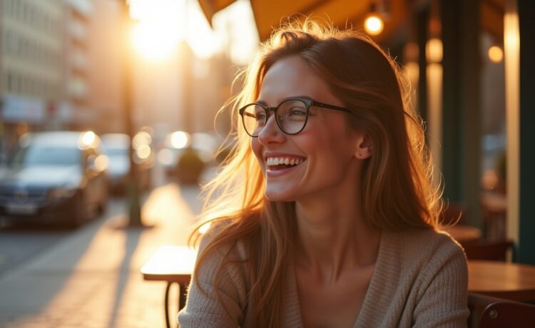 Eine strahlend helle, natürlich beleuchtete Aufnahme einer jungen Frau mit moderner, leichter Smartbrille, die entspannt und warm lächelnd in einem sonnendurchfluteten urbanen Café sitzt, während sanfte Details wie klare Haut, natürliche Reflexionen auf den adaptiven Brillengläsern und eine offene, freundliche Atmosphäre sofort das Gefühl einer innovativen, menschzentrierten Technologie vermitteln.