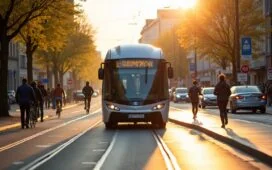 Ein sonnendurchfluteter Hamburger Straßenabschnitt im lebendigen Stadtverkehr, in dem ein moderner autonom fahrender Kleinbus mit reflektierend glänzender Oberfläche neben neugierigen Fußgängern und belebten Radfahrern vorbeigleitet, während das warme Licht der Nachmittagssonne die pulsierende urbane Atmosphäre mit realistischen Details und freundlicher Stimmung einfängt.