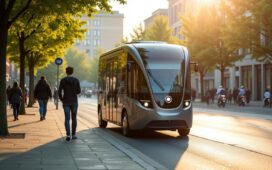 Ein sonnendurchfluteter, moderner Moia-Shuttle steht ruhig an einer urbanen Hamburger Straßenecke, umgeben von neugierigen Passanten und grünen Bäumen, während natürliche Tageslichtreflexe sanft die glänzenden Sensoren und Kameras des autonomen Fahrzeugs betonen und so die spannende Verbindung von Hightech und lebendiger Stadtrealität mit optimistischer Wärme einfangen.