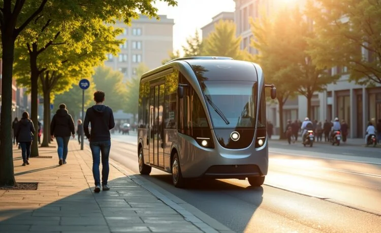 Ein sonnendurchfluteter, moderner Moia-Shuttle steht ruhig an einer urbanen Hamburger Straßenecke, umgeben von neugierigen Passanten und grünen Bäumen, während natürliche Tageslichtreflexe sanft die glänzenden Sensoren und Kameras des autonomen Fahrzeugs betonen und so die spannende Verbindung von Hightech und lebendiger Stadtrealität mit optimistischer Wärme einfangen.