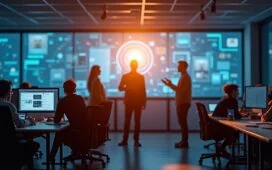 Ein hell ausgeleuchteter, moderner Büroraum mit freundlichen IT-Sicherheitsexperten in entspannter Teamarbeit vor großen Bildschirmen, die in einer warmen, natürlichen Lichtstimmung die digitale Vernetzung und souveräne Cloud-Lösung symbolisieren.