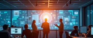 Ein hell ausgeleuchteter, moderner Büroraum mit freundlichen IT-Sicherheitsexperten in entspannter Teamarbeit vor großen Bildschirmen, die in einer warmen, natürlichen Lichtstimmung die digitale Vernetzung und souveräne Cloud-Lösung symbolisieren.