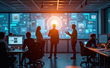 Ein hell ausgeleuchteter, moderner Büroraum mit freundlichen IT-Sicherheitsexperten in entspannter Teamarbeit vor großen Bildschirmen, die in einer warmen, natürlichen Lichtstimmung die digitale Vernetzung und souveräne Cloud-Lösung symbolisieren.