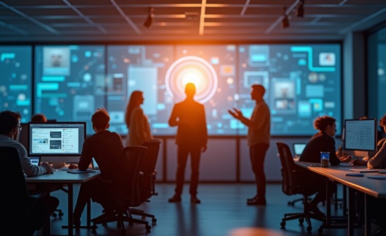 Ein hell ausgeleuchteter, moderner Büroraum mit freundlichen IT-Sicherheitsexperten in entspannter Teamarbeit vor großen Bildschirmen, die in einer warmen, natürlichen Lichtstimmung die digitale Vernetzung und souveräne Cloud-Lösung symbolisieren.