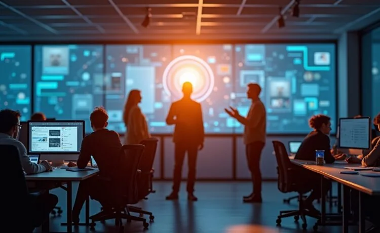 Ein hell ausgeleuchteter, moderner Büroraum mit freundlichen IT-Sicherheitsexperten in entspannter Teamarbeit vor großen Bildschirmen, die in einer warmen, natürlichen Lichtstimmung die digitale Vernetzung und souveräne Cloud-Lösung symbolisieren.