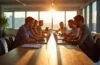 Ein heller, freundlicher Büroarbeitsplatz im modernen Bankgebäude, an dem ein Team aus verschiedenen Fachleuten in entspannter Atmosphäre an Laptops und Tablets zusammenarbeitet, während natürliches Sonnenlicht durch große Fenster fällt und Wärme sowie Vertrauen ausstrahlt, die die harmonische Verbindung von Mensch und moderner KI-Technologie symbolisieren.