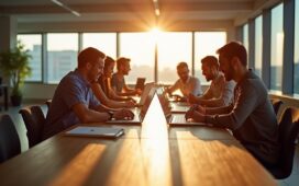 Ein heller, freundlicher Büroarbeitsplatz im modernen Bankgebäude, an dem ein Team aus verschiedenen Fachleuten in entspannter Atmosphäre an Laptops und Tablets zusammenarbeitet, während natürliches Sonnenlicht durch große Fenster fällt und Wärme sowie Vertrauen ausstrahlt, die die harmonische Verbindung von Mensch und moderner KI-Technologie symbolisieren.