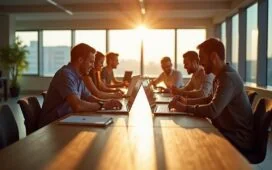 Ein heller, freundlicher Büroarbeitsplatz im modernen Bankgebäude, an dem ein Team aus verschiedenen Fachleuten in entspannter Atmosphäre an Laptops und Tablets zusammenarbeitet, während natürliches Sonnenlicht durch große Fenster fällt und Wärme sowie Vertrauen ausstrahlt, die die harmonische Verbindung von Mensch und moderner KI-Technologie symbolisieren.