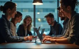 Eine helle, lebendige Aufnahme eines modernen Entwicklerteams in einem lichtdurchfluteten Büro, das konzentriert an Laptops arbeitet und gemeinsam testgetriebene KI-gestützte Software entwickelt – dabei strahlen ihre Gesichter Leidenschaft und produktive Zusammenarbeit in entspannter, warmen Atmosphäre aus.