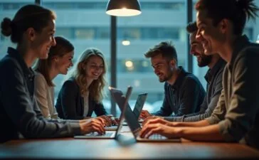 Eine helle, lebendige Aufnahme eines modernen Entwicklerteams in einem lichtdurchfluteten Büro, das konzentriert an Laptops arbeitet und gemeinsam testgetriebene KI-gestützte Software entwickelt – dabei strahlen ihre Gesichter Leidenschaft und produktive Zusammenarbeit in entspannter, warmen Atmosphäre aus.