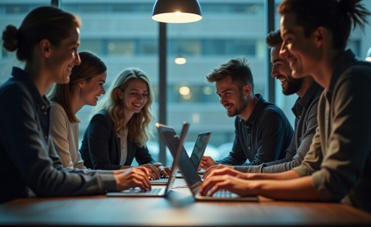 Eine helle, lebendige Aufnahme eines modernen Entwicklerteams in einem lichtdurchfluteten Büro, das konzentriert an Laptops arbeitet und gemeinsam testgetriebene KI-gestützte Software entwickelt – dabei strahlen ihre Gesichter Leidenschaft und produktive Zusammenarbeit in entspannter, warmen Atmosphäre aus.