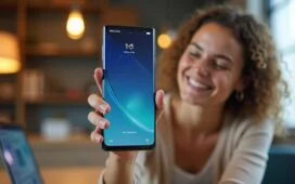 Ein helles, freundlich ausgeleuchtetes Büro mit einem modernen Smartphone in Fokus, auf dessen Display eine stilvolle Nutzeroberfläche mit smarten KI-Elementen erkennbar ist, während eine Person mit warmem Lächeln entspannt im Hintergrund die neuen intelligenten Funktionen von Bixby 2.0 entdeckt – ein einladendes Bild voller technischer Zukunft und menschlicher Verbundenheit.