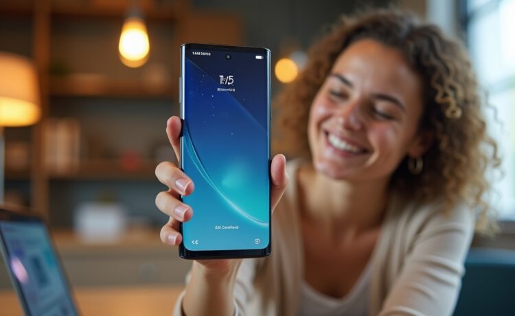 Ein helles, freundlich ausgeleuchtetes Büro mit einem modernen Smartphone in Fokus, auf dessen Display eine stilvolle Nutzeroberfläche mit smarten KI-Elementen erkennbar ist, während eine Person mit warmem Lächeln entspannt im Hintergrund die neuen intelligenten Funktionen von Bixby 2.0 entdeckt – ein einladendes Bild voller technischer Zukunft und menschlicher Verbundenheit.